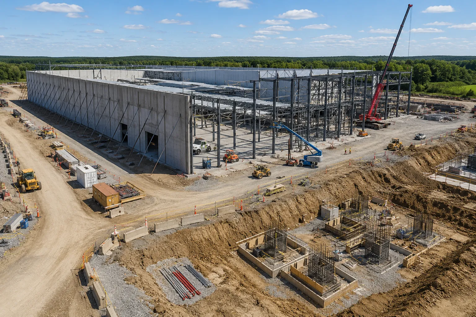 Aerial view of a data center campus under construction
