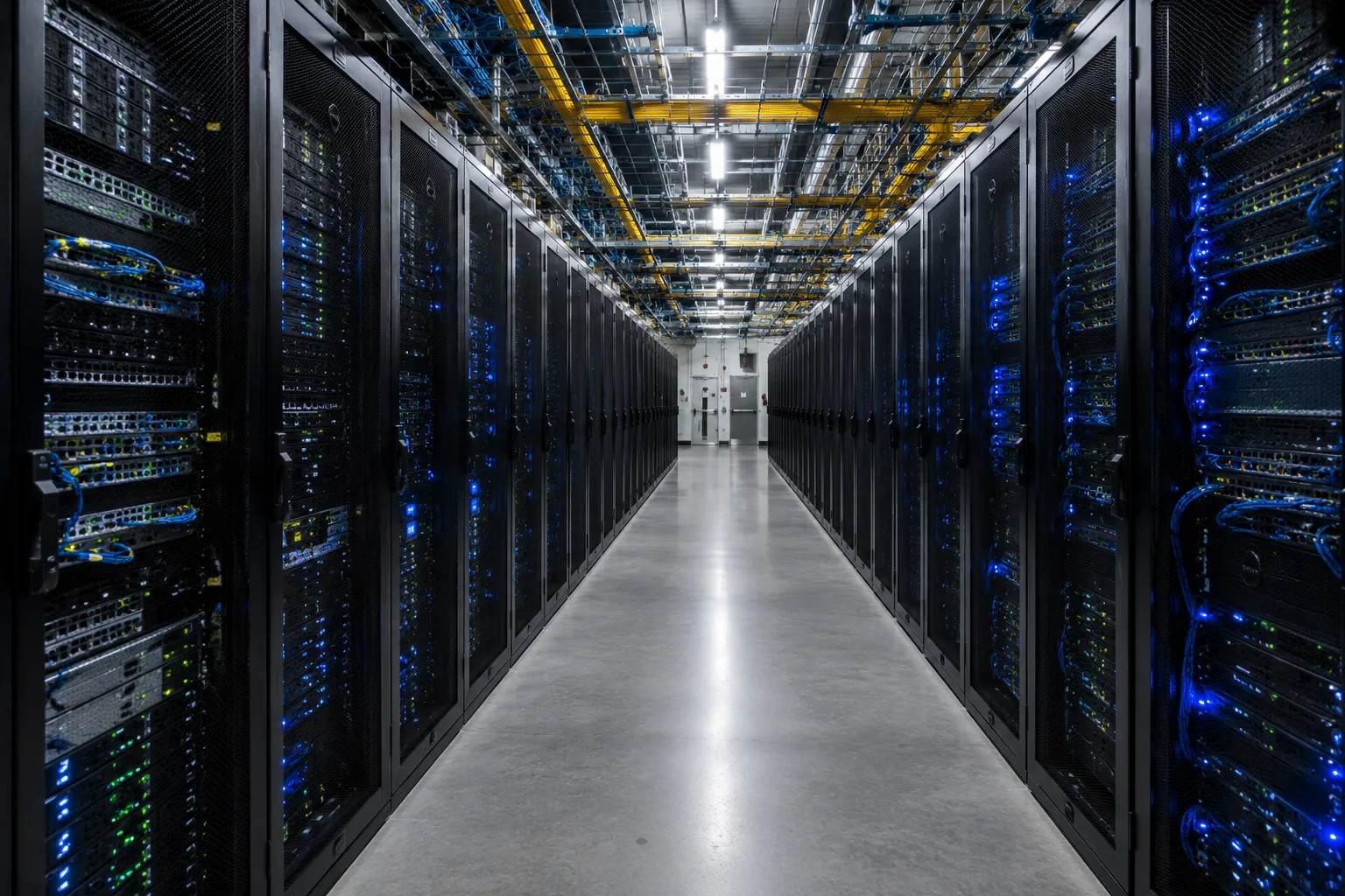 Interior aisle of a data center between rows of server racks