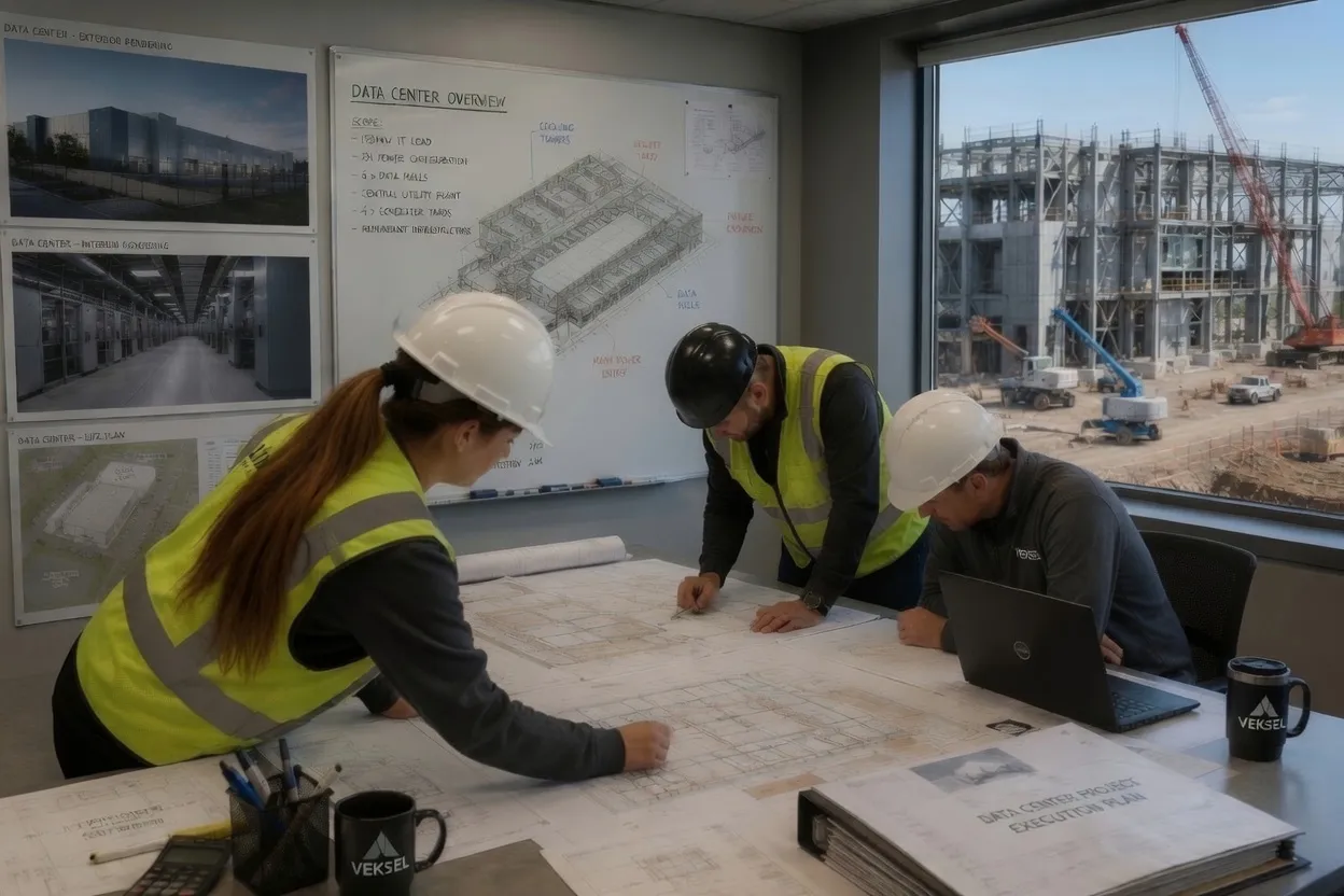 Project team in high-visibility vests reviewing drawings and site conditions during a planning session