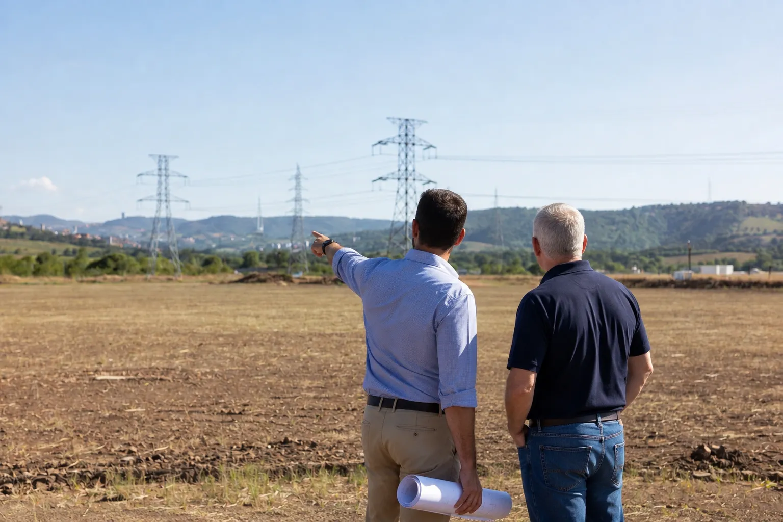 Two colleagues evaluating a development site near high-voltage transmission lines